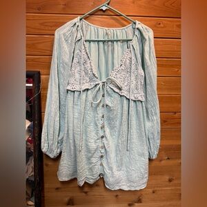Free People Light Blue tunic length Top with Lace Detail